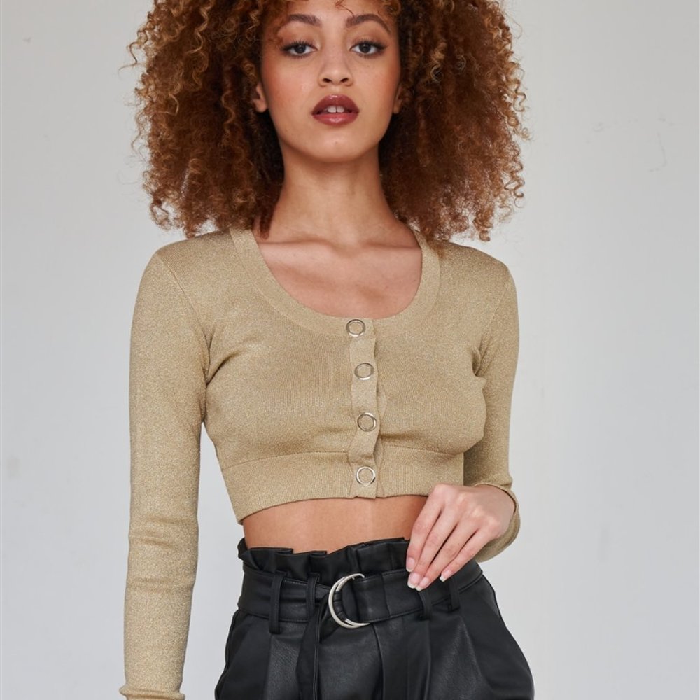 Sparkly Metallic Gold Long Sleeve Crop Cardigan Sweater Top